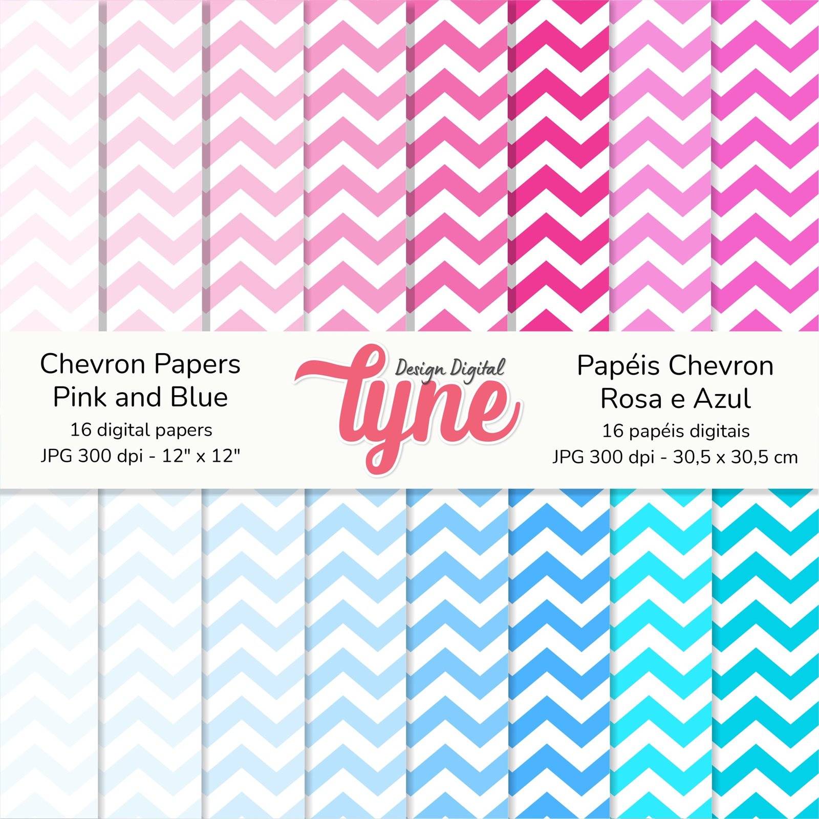 Papéis Digitais Chevron - Tons de Azul e Rosa
