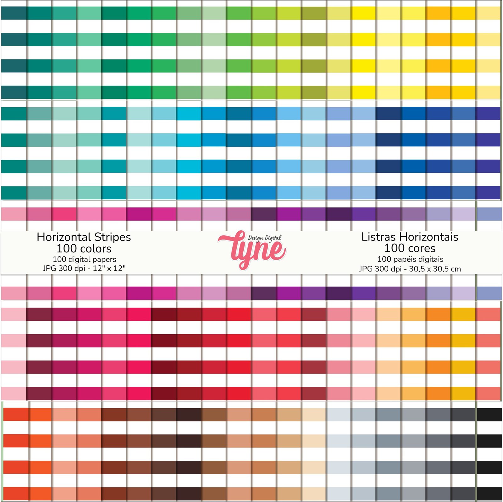 Papéis Digitais Listras Horizontais - 100 Cores